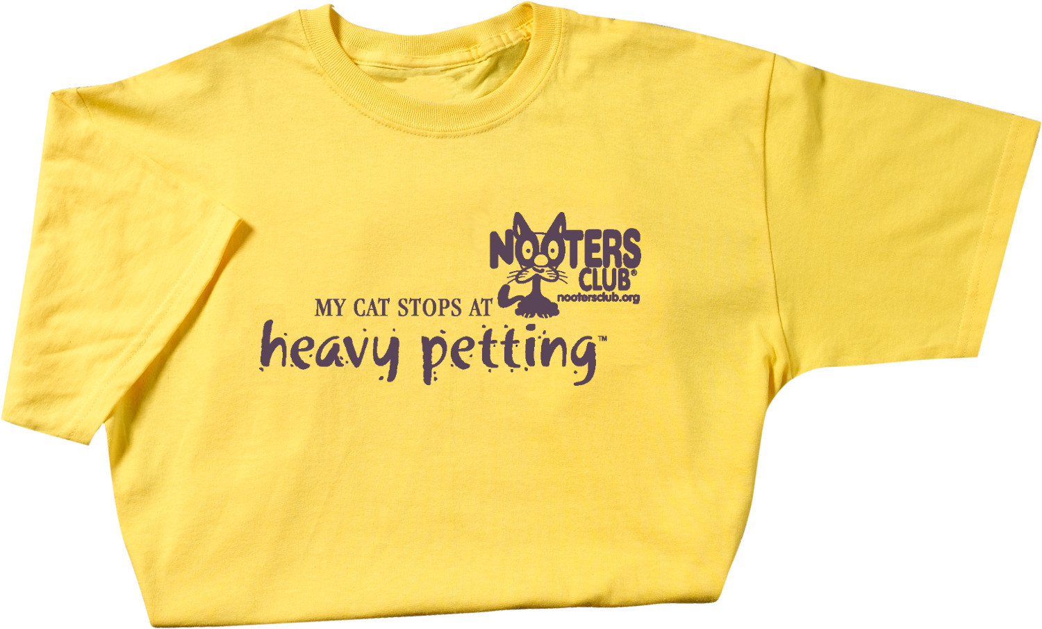 my cat stops at heavy petting yellow t-shirt with purple imprint